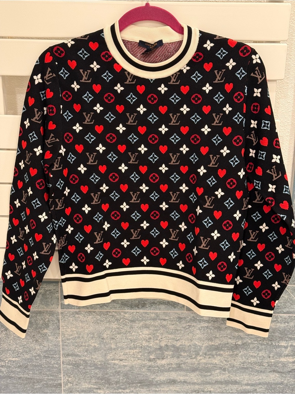 Louis Vuitton Black Sweater with Red Hearts and Multicolor Monogram Motifs